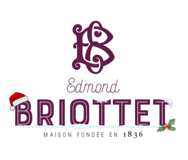 Logo de la maison briottet avec bonnet de noël et neige