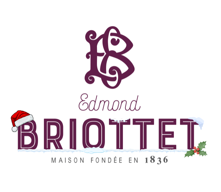 Logo de la maison briottet avec bonnet de noël et neige